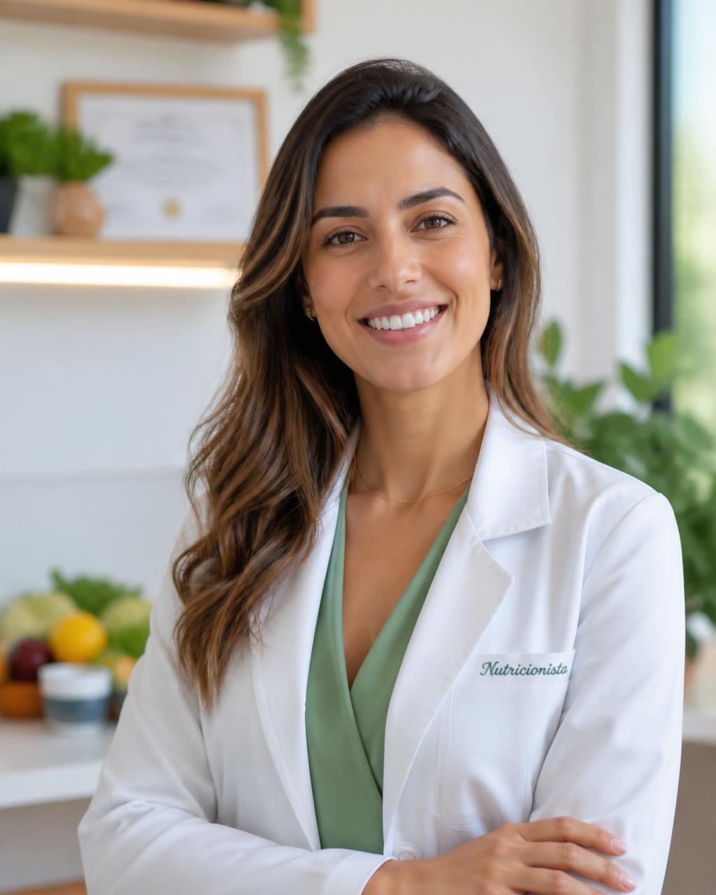 Carol Costa, nutricionista em Goiânia, sorrindo em seu consultório no Setor Marista