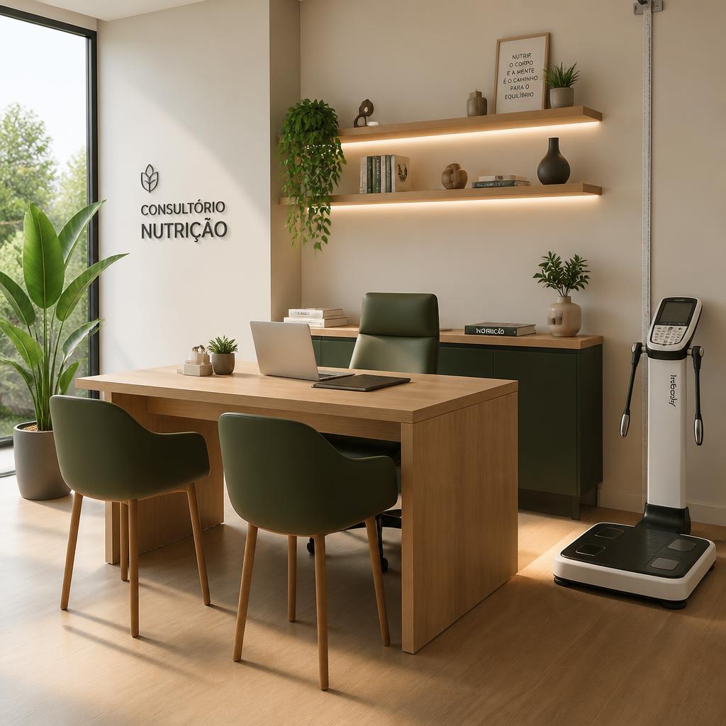 Consultório de nutrição da Carol Costa, com mesa de atendimento e balança de bioimpedância